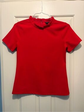 Ann Taylor Red Ruffle-Neck Short Sleeve Top